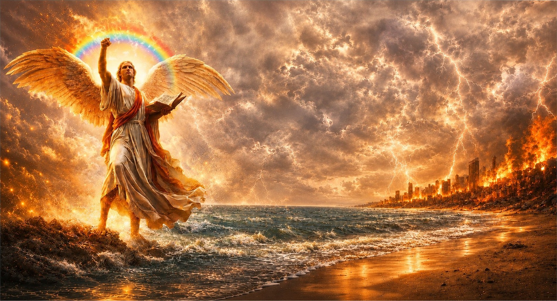 The mighty angel of Revelation 10, rainbow upon his head, standing upon the sea and the land