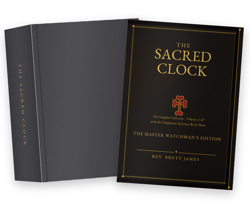 The Sacred Clock — The Master Watchman's Edition: grey 6×9 hardcover with all-gold stamping and the sacred cross