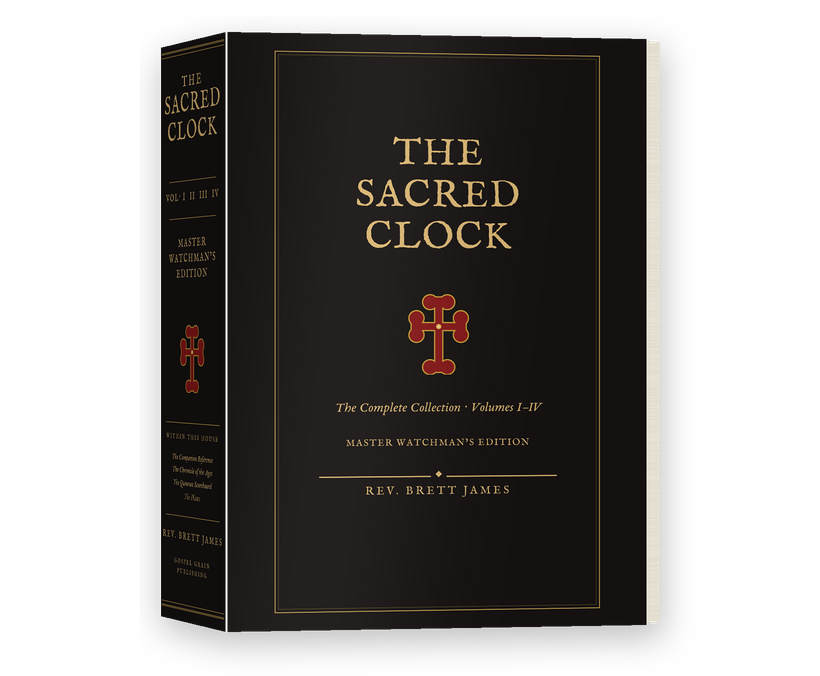 The Sacred Clock — The Master Watchman's Edition, Large Format: black 7×10 hardcover stamped in gold with the red-gold sacred cross